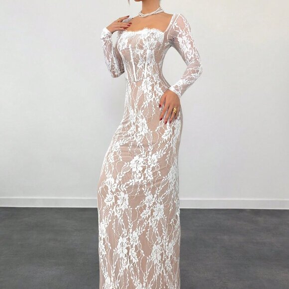 White Casual Women's Sexy S-Shape Lace Long Sleeve Cupped Bustier Tight Fitting - Picture 2 of 5